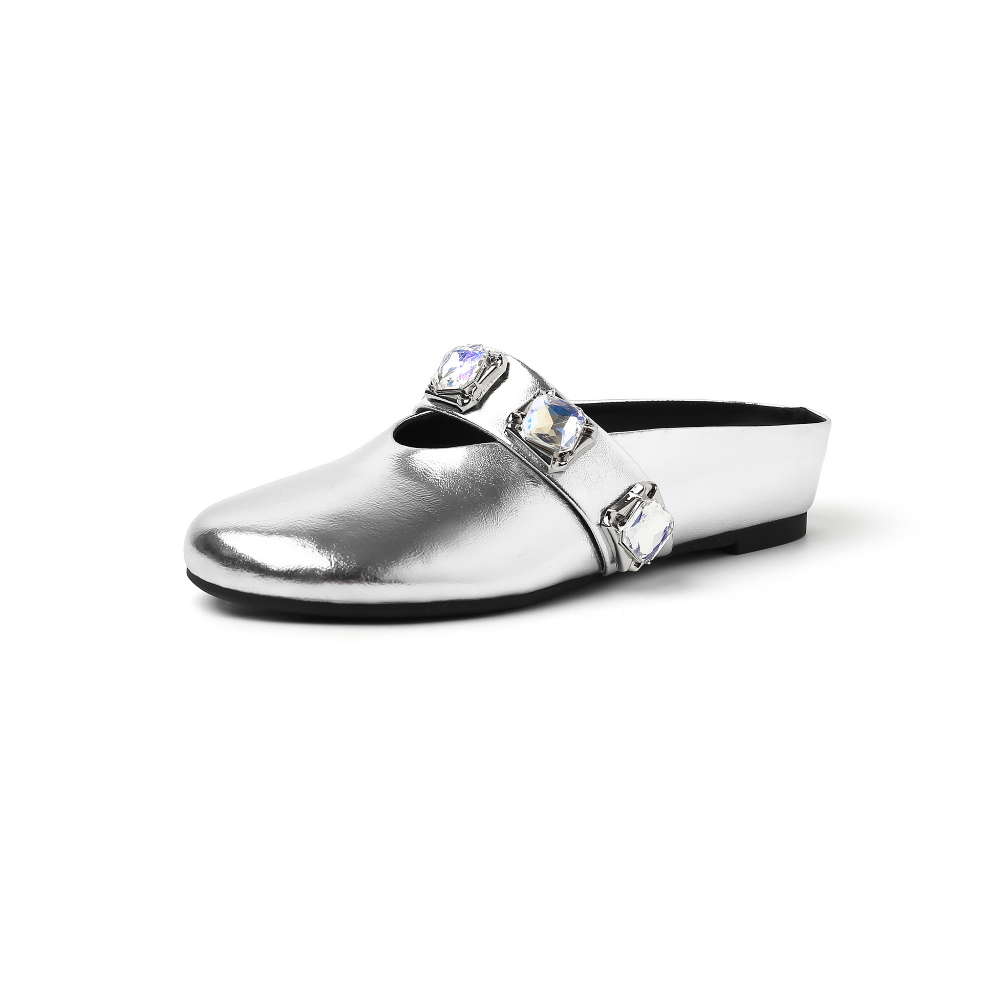Dép mule nữ bít mũi đính đá rhinestone, gót dốc tăng chiều cao, phong cách ins — Màu đen, Màu vàng, Màu bạc chi tiết 13