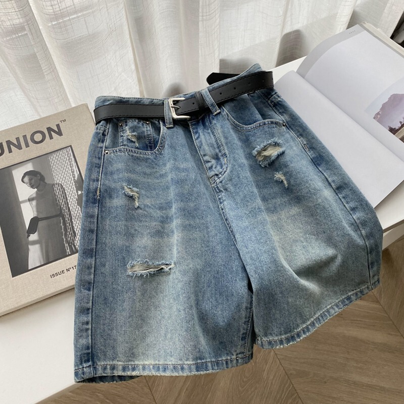 Summer Plus-Size Hot Pants New Ripped Denim Shorts for Women, Mid-Length Straight-Leg, Slimming High-Waisted Shorts for Curvy Girls, 2025 Summer Plus-Size Hot Pants New Ripped Denim Shorts for Women, Mid-Length Straight-Leg, Slimming High-Waisted Shorts for Curvy Girls, 2025