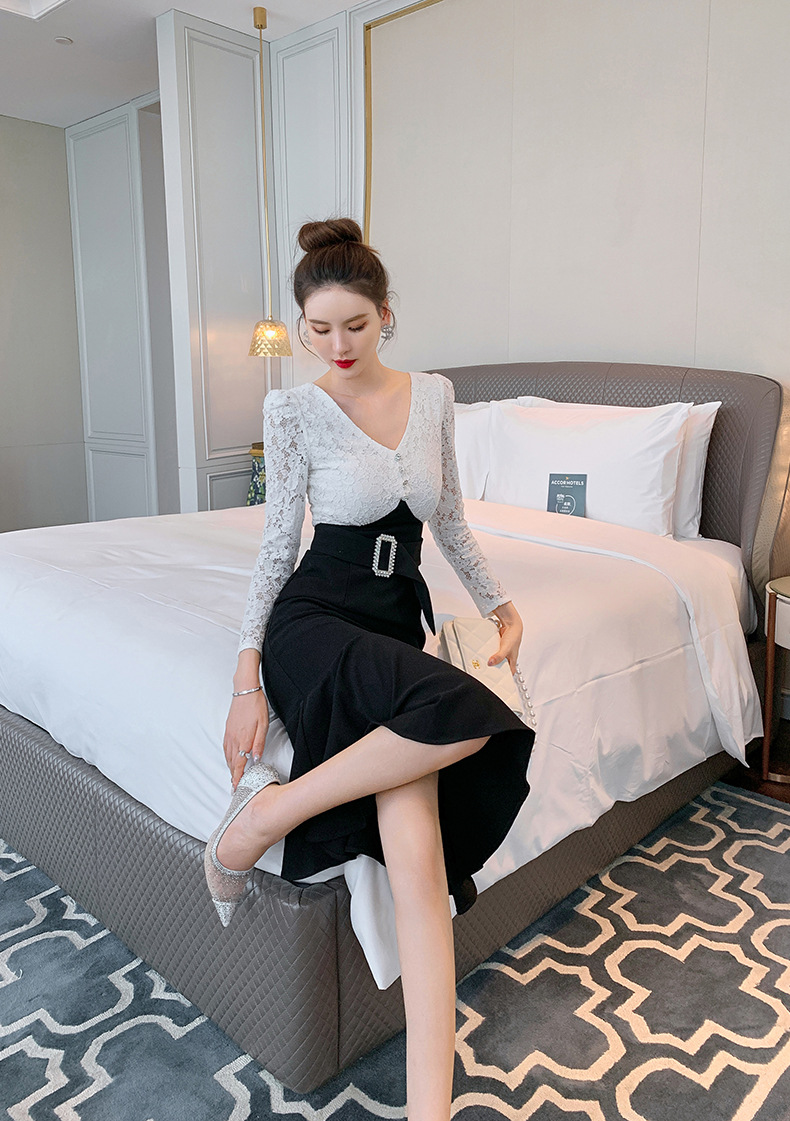 Đầm ôm body nữ cổ chữ V ren đuôi cá — Đen trắng chi tiết 4