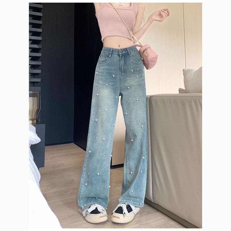 Hong Kong Style Vintage High Waist Wide Leg Pearl Jeans Women's Summer New Style Straight Leg Pants Loose Slim Look Trousers Saint