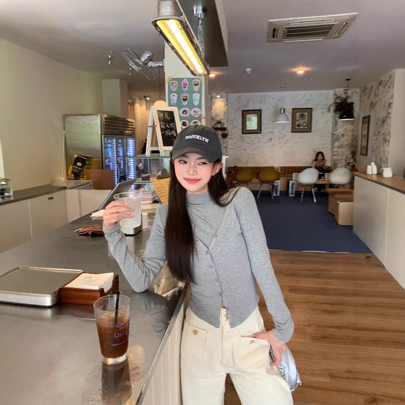 切糕自制【晚风呢喃】小个子两件套女秋高领背心V领开衫时尚套装|undefined