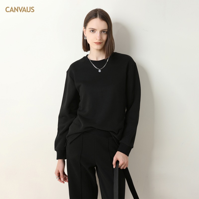 CANVAUS Otoño e Invierno suéter recto forrado de lana de las Mujeres Nuevo cuello redondo casual manga larga color sólido pullover Coat