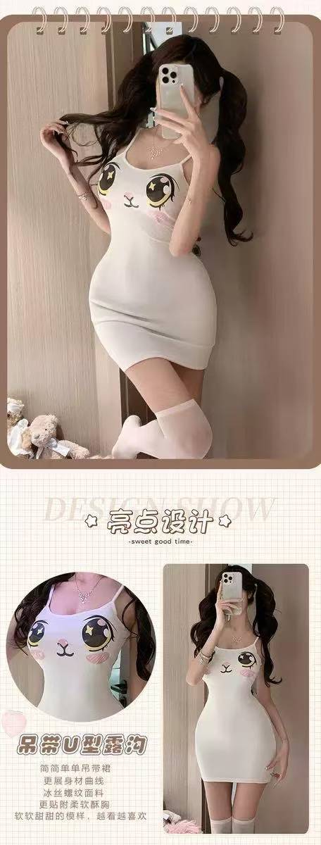 Kawaii Anime-Style Maid Lingerie Dress with Stockings, Slim Fit Polyester Cosplay Set — detail image 3