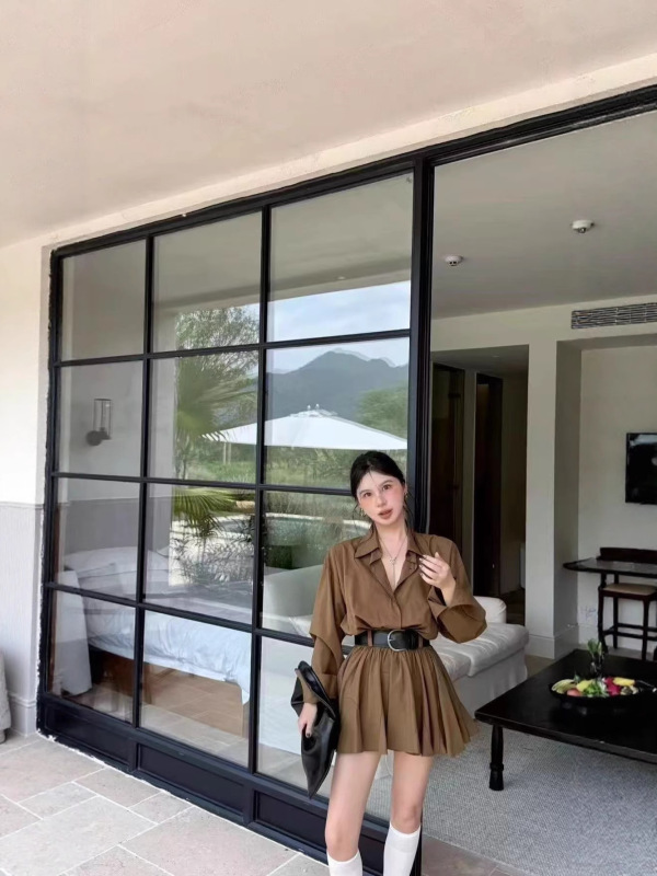 大码韩系polo领衬衫连衣裙女秋收腰显瘦连衣裙带腰带白褶裙长袖|undefined
