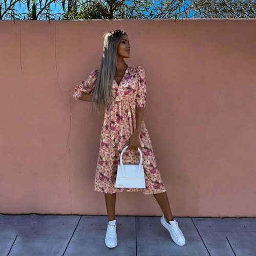 Spring and Summer Fashion Loose-Sleeve V-Neck Waist-Close Print Dress for Women