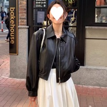 黑色pu皮衣外套女2024小个子翻领美式复古短款机车服夹克上衣