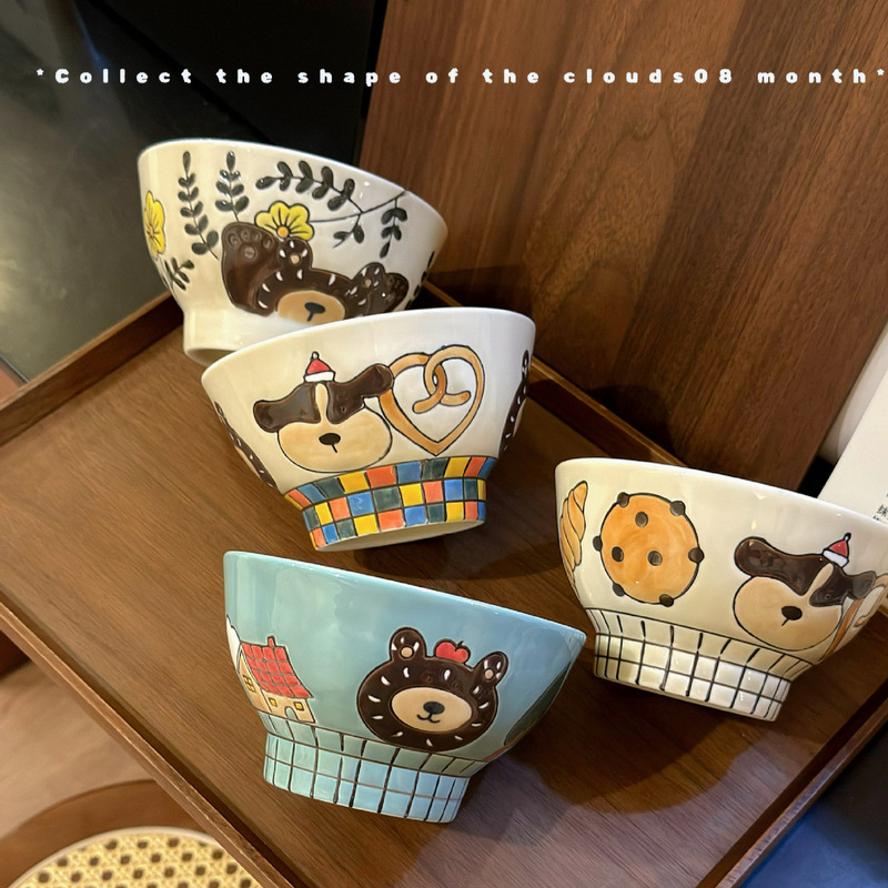 オリジナルのかわいい熊の手描きの釉薬の下で、高温の陶磁器の碗の5寸のご飯の碗のカップルの碗の顔の碗の高い足は熱を防ぎます。|undefined