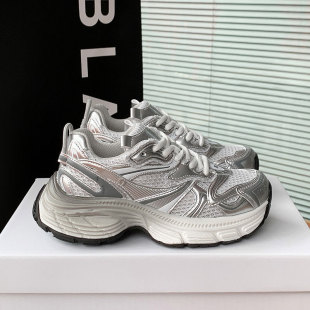 Dad's Shoes Women's Shoes Ins Trbottomy 2025 New Spring and Summer Thick-Soled Sports Shoes Mesh Foot-Showing Small Silver Casual Shoes