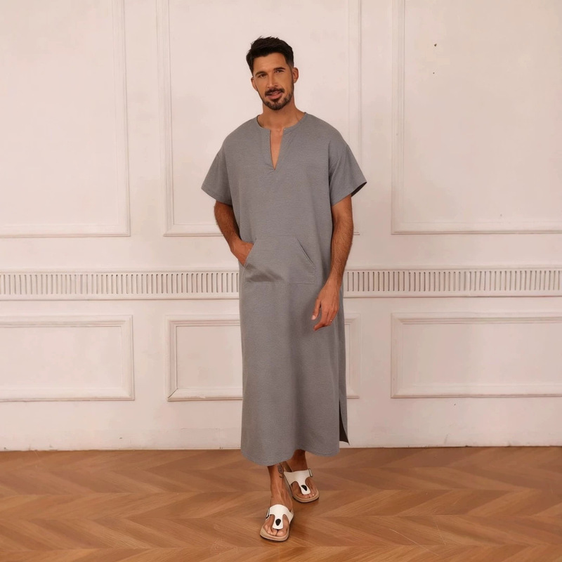 Men's V-Neck Robe, Loose Casual Retro Ethnic Style Robe, Summer Breathable Short-Sleeved Long Shirt Men's V-Neck Robe, Loose Casual Retro Ethnic Style Robe, Summer Breathable Short-Sleeved Long Shirt