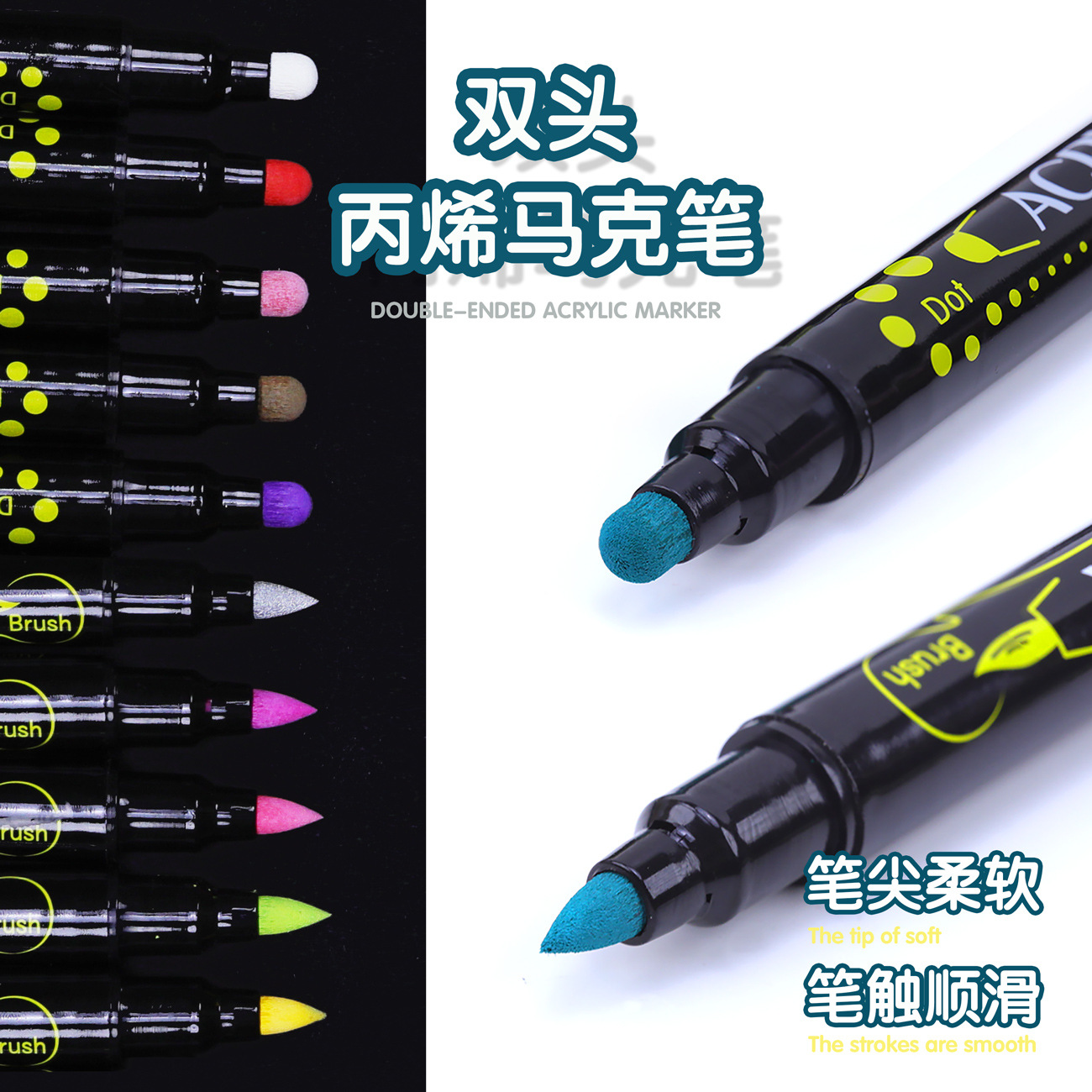 Guangna marcador acrílico de doble cabeza nuevo bolígrafo/pincel de escritura suave de color GN6700-24 a base de agua respetuoso del medio ambiente e insípido