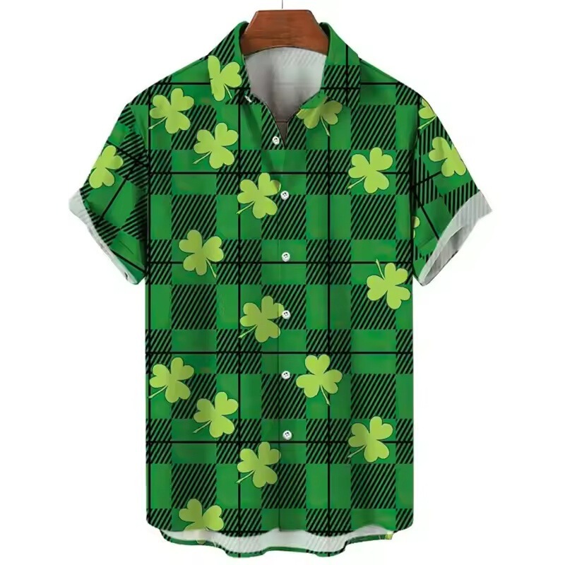 St. Patrick's Day Pattern Short Sleeve Shirt Men's Clothing Fashion Hawaiian Lucky Clover Women's Shirt
