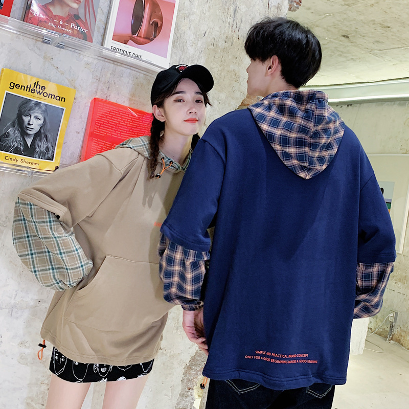 QLZ 커플 착용 가을 2020 새로운 청소년 느슨한 플러스 사이즈 가짜 투피스 격자 착용 재킷