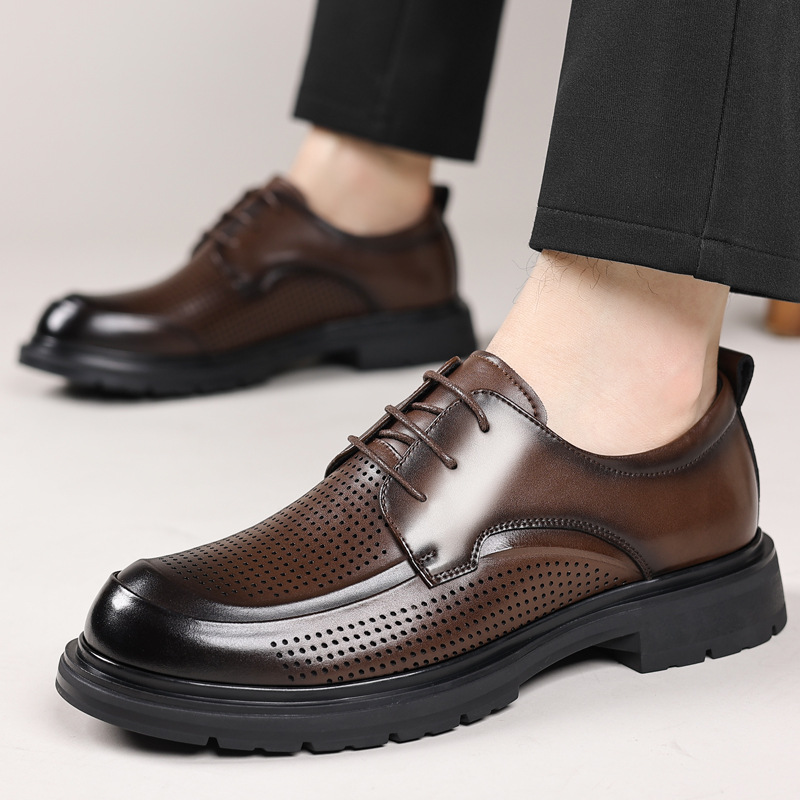 Men's Summer Hollow Out Leather Shoes Low Top Business Casual Comfortable Large Size Slip-On Dress Shoes_vogvips.com