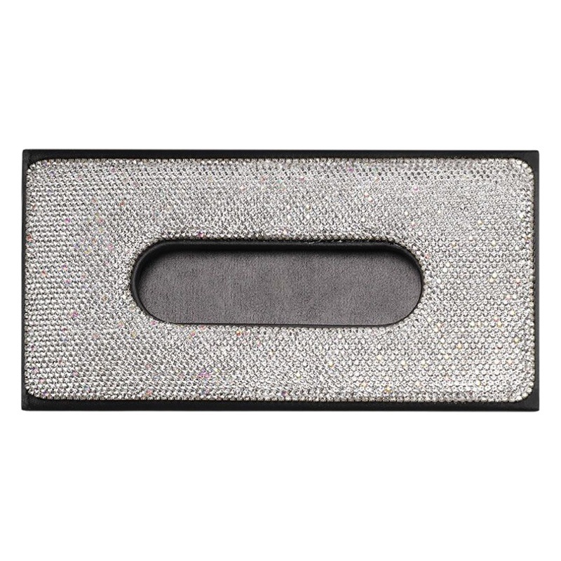 Caja de pañuelos de visera de coche asiento trasero de cuero clip de tejido incrustado de diamantes de imitación de mujer de moda creativa caja de pañuelos de coche