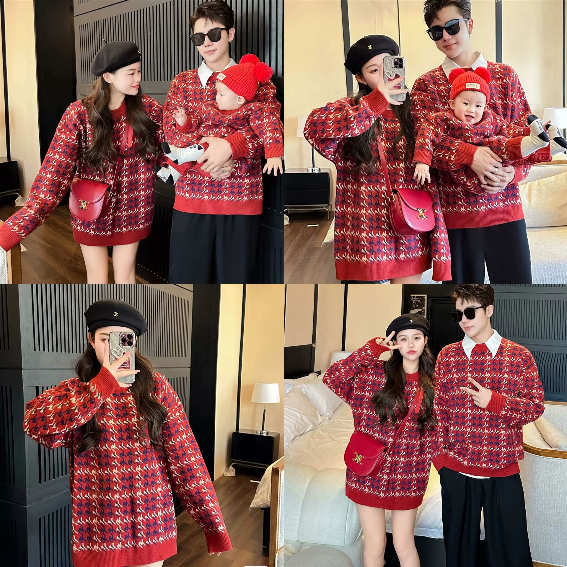 Семейные комплекты одежды на год Лошади, осенне-зимние свитера 2025, новые красные вязаные изделия для малышей, для семьи из трёх человек, наряды для матери и дочери, модные новогодние наряды