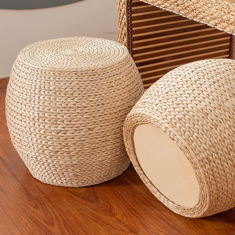 estilo japonés de caña de paja tejida muelle de asiento para cambiar de zapatos de arroz taburete redondo sofá de salón casero taburete de madera pequeño antideslizante