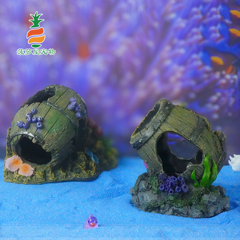 Pecera de venta caliente, acuario, decoración de resina, decoración de la casa de refugio, barril de vino andrajoso, tanque de cría, lugar de desove