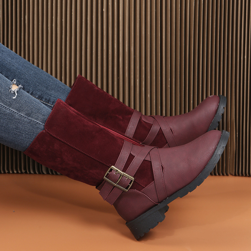 Damenschuhe, Martin-Stiefel mit mittlerer Röhre, Gürtelschnalle, runder Kopf, niedriger Absatz, Ritterstiefel mit seitlichem Reißverschluss, Lederstiefel_voghion.com