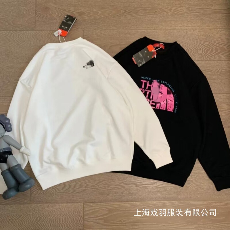 Cross-Border In-Stock New Pure Cotton North Face Print High-Quality Loose Casual Trendy Unisex Couple Style Round Neck Wholesale