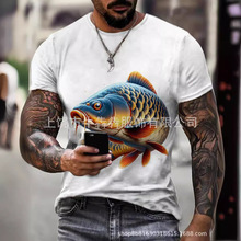 夏季新款钓鱼爱好者3D印花凶猛鱼图案男式潮流运动短袖T恤圆领T恤