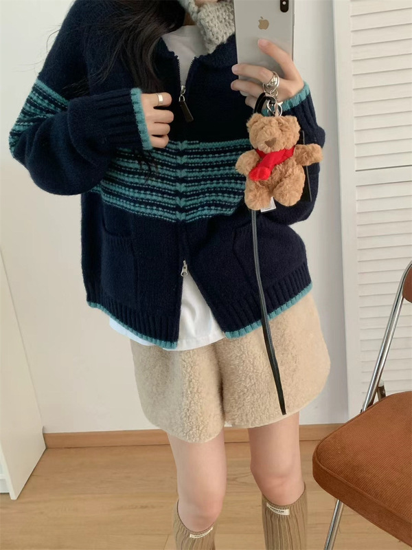 撞色条纹翻领毛衣外套女2025秋冬新款设计感宽松加厚针织开衫上衣|undefined