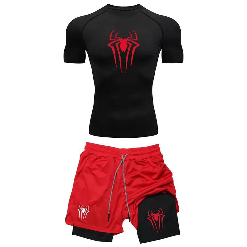 男子のトレーニング圧縮集Y2Kスパイダープリントジムtシャツ通気ランニングパンツ速乾運動皮|undefined