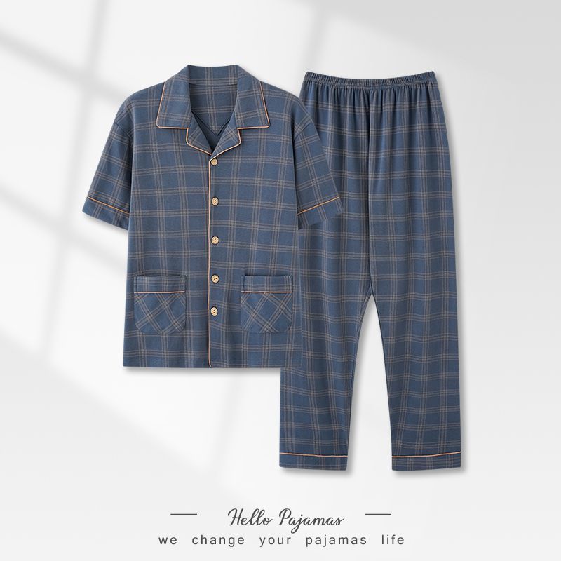 Pijama de hombre algodón de verano pantalones largos de manga corta ropa de casa primavera y otoño delgada rejilla suelta y tamaño grande conjunto