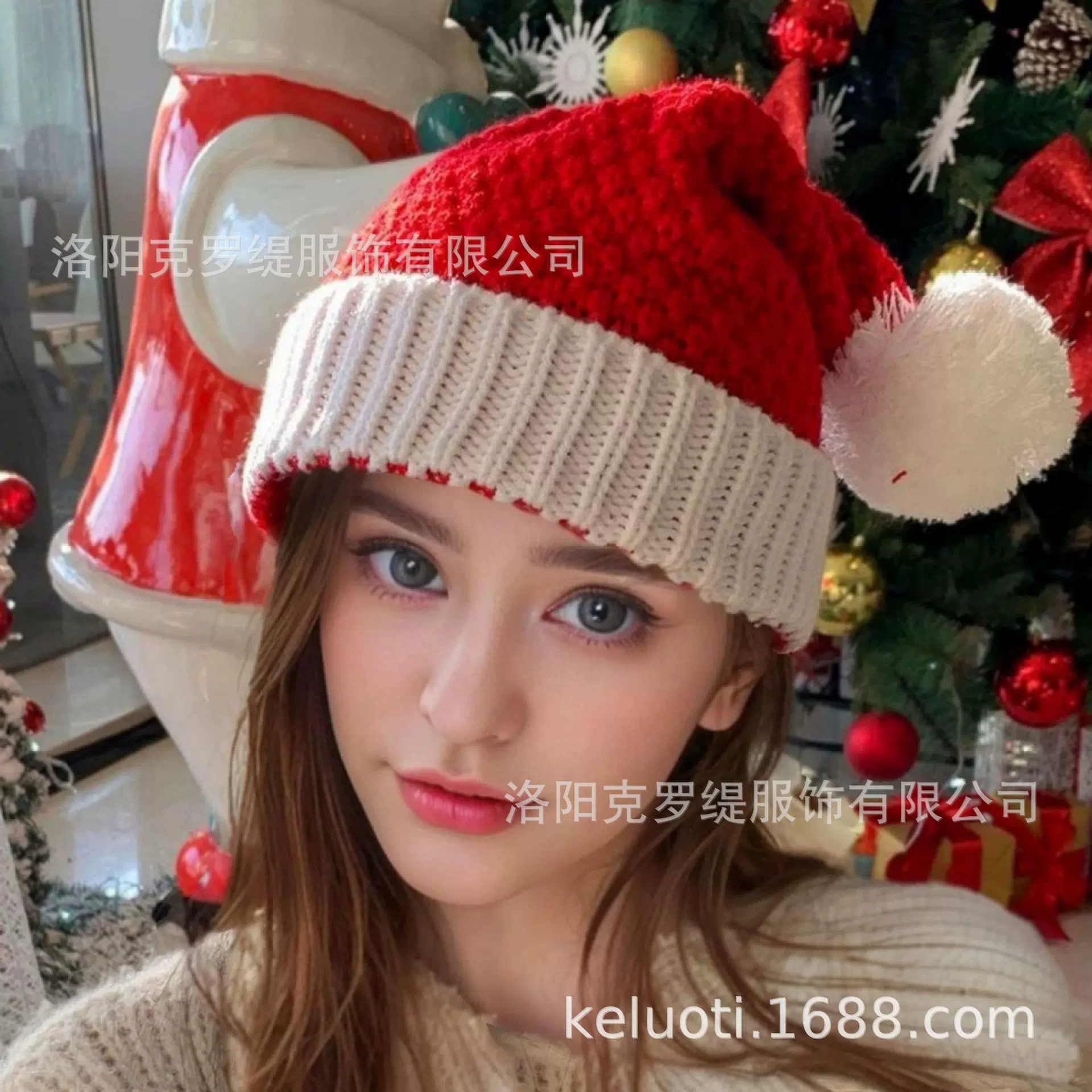 跨境圣诞节装饰毛绒帽子礼物成人儿童通用圣诞老人红色针织毛线帽