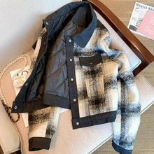 山力达迪黑白格纹毛呢小香风外套女秋冬新款夹棉复古休闲短款加厚