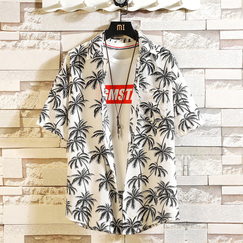 Summer Hong Kong Style Casual 3D Printed Shirt Loose Short Sleeve Men's Trendy Hawaiian Flower Shirt
