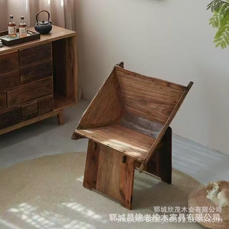 跨境诧寂风实木休闲椅民宿靠背板凳复古老榆木异形餐椅庭院咖啡|undefined