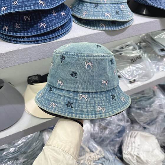 Wholesale Korea 2024 New Bow Embroidered Denim Fisherman Hat Women's Spring and Summer All-match Sunshade Sweet Basin Hat