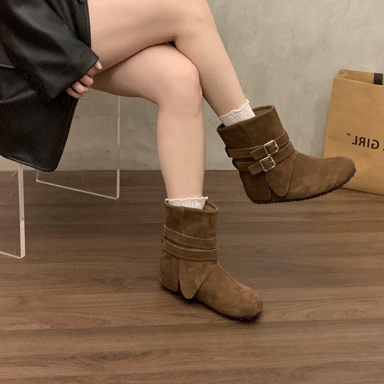 复古美拉德真皮绒面圆头勃肯靴女2025新款内增高翻折皮带扣中筒靴|undefined