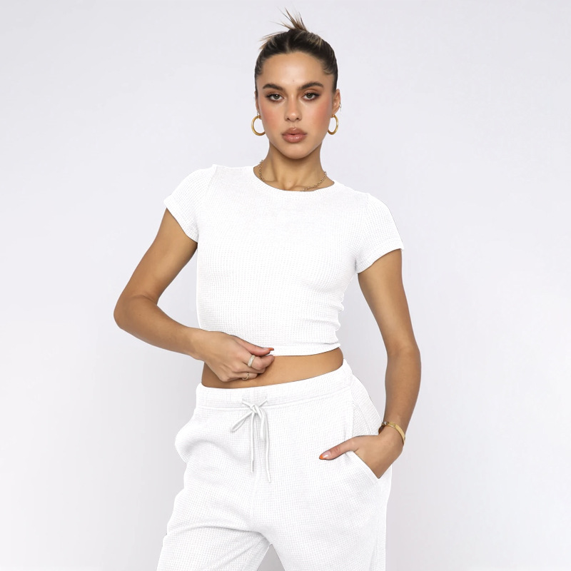 Spring Summer Solid Color Waffle round Neck Short Sleeve Women Clothing Casual Trousers Sets
