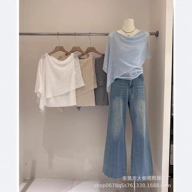 Jianxi Irregular Cape Shawl Sun Protection Shirt for Women, Summer Thin Style Fake Two-Piece Loose Off-Shoulder Knitted Top Jianxi Irregular Cape Shawl Sun Protection Shirt for Women, Summer Thin Style Fake Two-Piece Loose Off-Shoulder Knitted Top