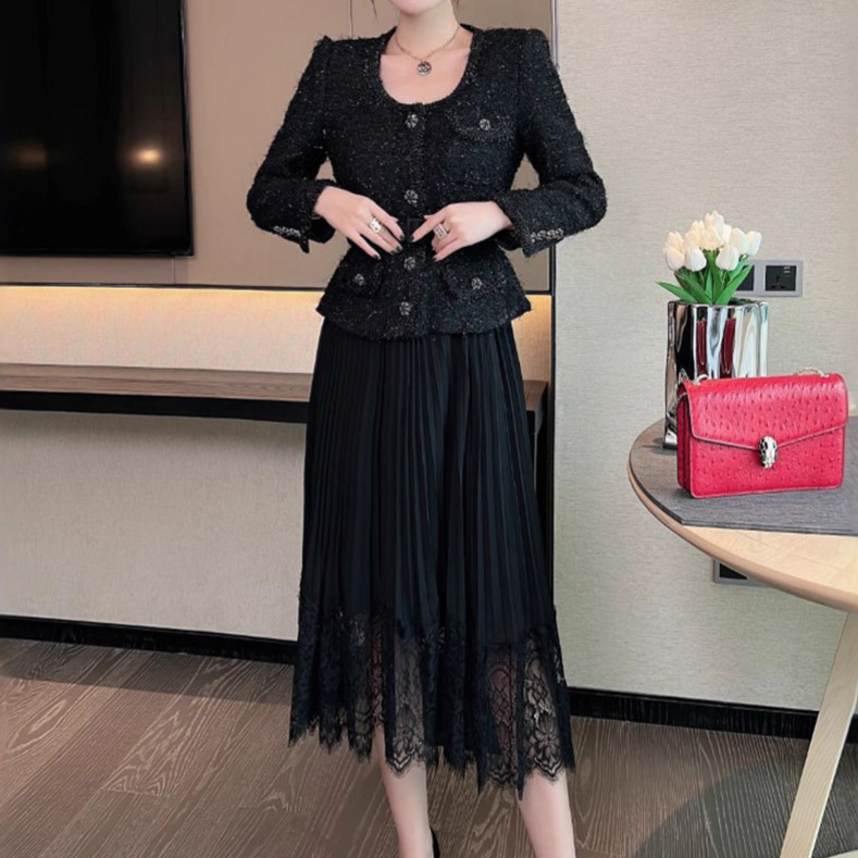 Ladylike Elegant, High-End Splicing Chiffon Dress for Women, Autum New Tweed Fake Two-Piece Long Skirt