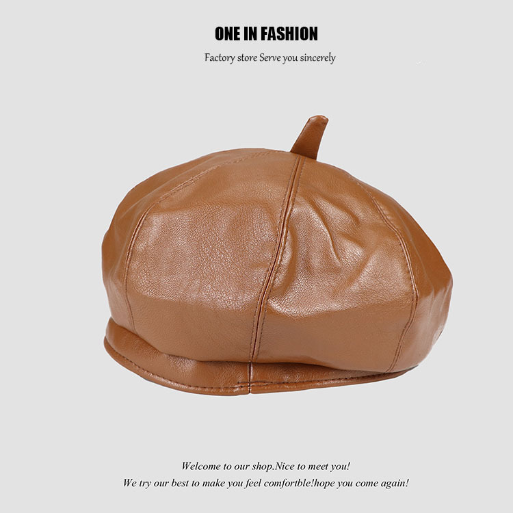 Pu boina de las mujeres de otoño e invierno versátil estilo japonés pintor calabaza sombrero negro británico retro cuero octogonal sombrero