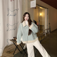 韩系高级感浅蓝色翻领短款羊羔毛外套女2025冬款皮毛一体夹克上衣