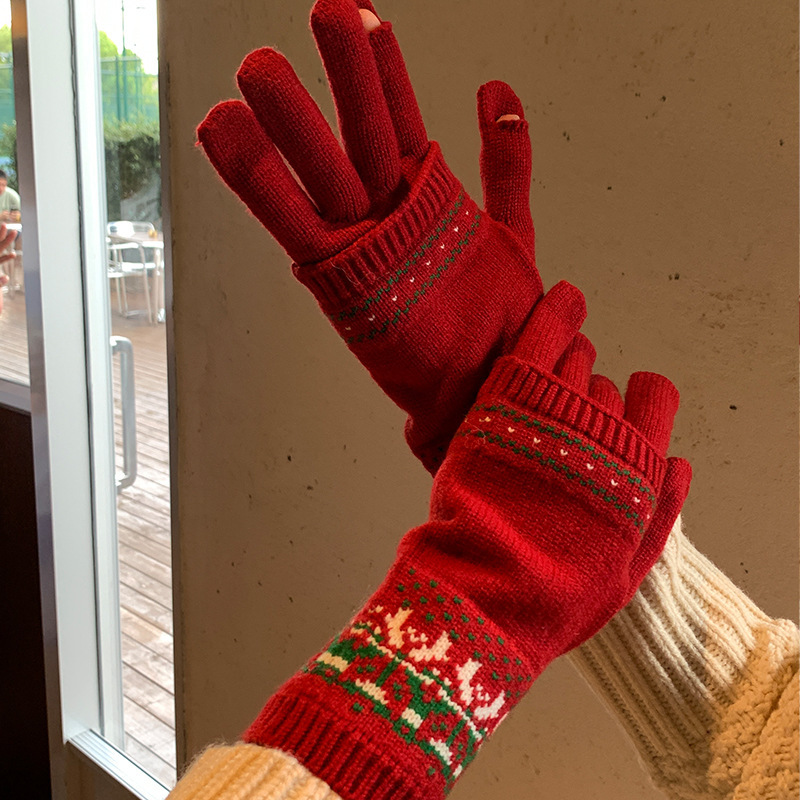 クリスマスの赤い取り外し可能な2つのジャカードのニットの毛糸の手袋の女性の秋冬の防寒の保温の騎乗はタッチパネルができます。|undefined