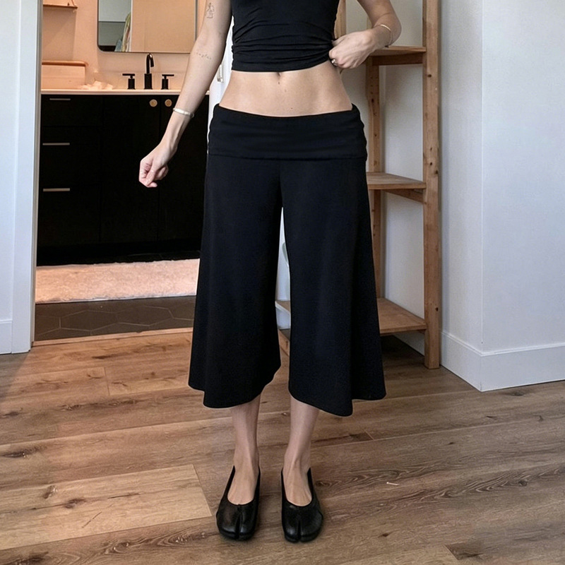 American-Style Casual Sports Style Cropped Pants, Retro Fashion, Turn-Down Waistband, Solid Color, Simple Straight-Leg Pants, High-Waisted Versatile Wide-Leg Pants American-Style Casual Sports Style Cropped Pants, Retro Fashion, Turn-Down Waistband, Solid Color, Simple Straight-Leg Pants, High-Waisted Versatile Wide-Leg Pants