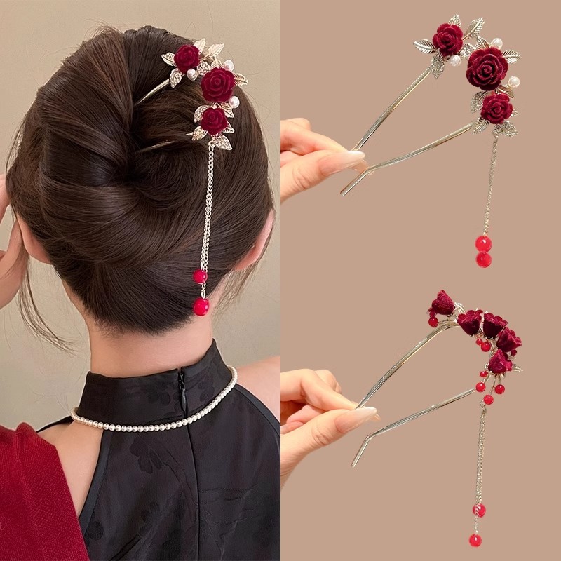 Nueva flor china de terciopelo en forma de U pinzas de cabello para mujeres antiguo de alta sensibilidad pinzas de brilla pinzas de cabello pinzas de cabello pinzas de cabello pinzas de cabello pinzas de Año Nuevo