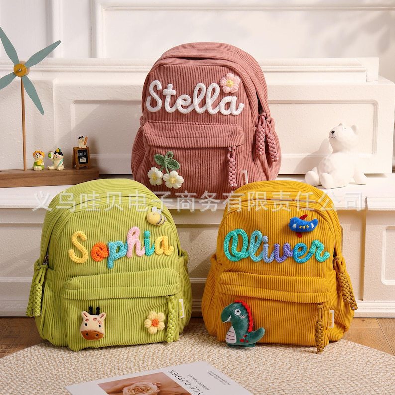 Handmade Chunky Yarn Etsy Personalized Cute Corduroy Large Capacity Harajuku Backpack with Adhesive Custom Letters