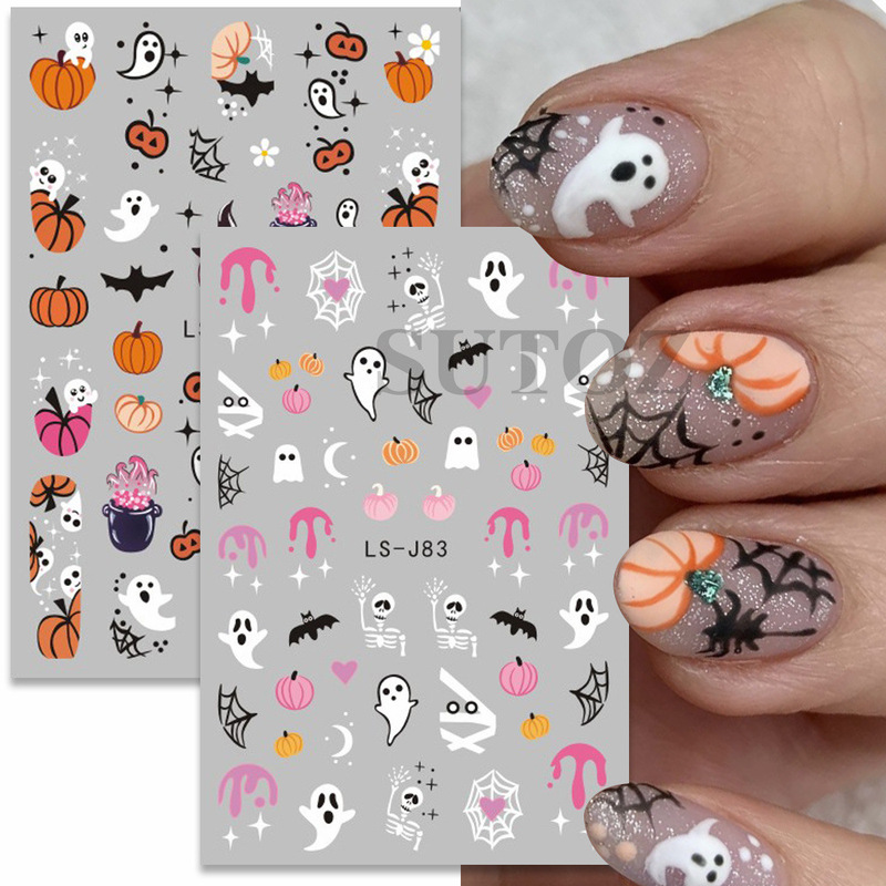 20.23 million Holy New nail Art Stickers Halloween Cartoon Ghost Pumpkin Light Spider Web nail Back Glue Sticker nail