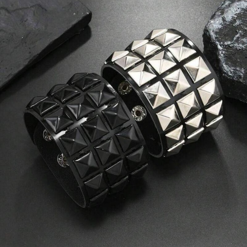 Cross-Border Punk Bracelet Black Silver Square Nail Pu Leather Rounded Corner Men's Hand Change Personalized Rivet Fashion Leather Accessories Cross-Border Punk Bracelet Black Silver Square Nail Pu Leather Rounded Corner Men's Hand Change Personalized Rivet Fashion Leather Accessories