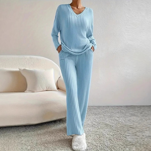 2025 Autumn Fashion Versatile Set Cross-border New Home Fashion Casual Straight Leg Quality Loose V Two-Piece Set