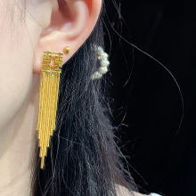 新中式仿真金双喜字长款流苏耳环复古小众设计感沙金婚嫁耳坠批发