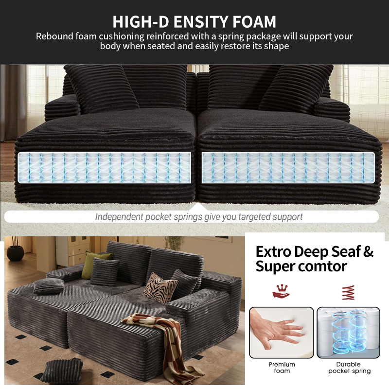 Sofá de compresión combinación modular pana tela de rayas grandes embalaje de compresión sofá de esponja deshuesada sillón reclinable doble