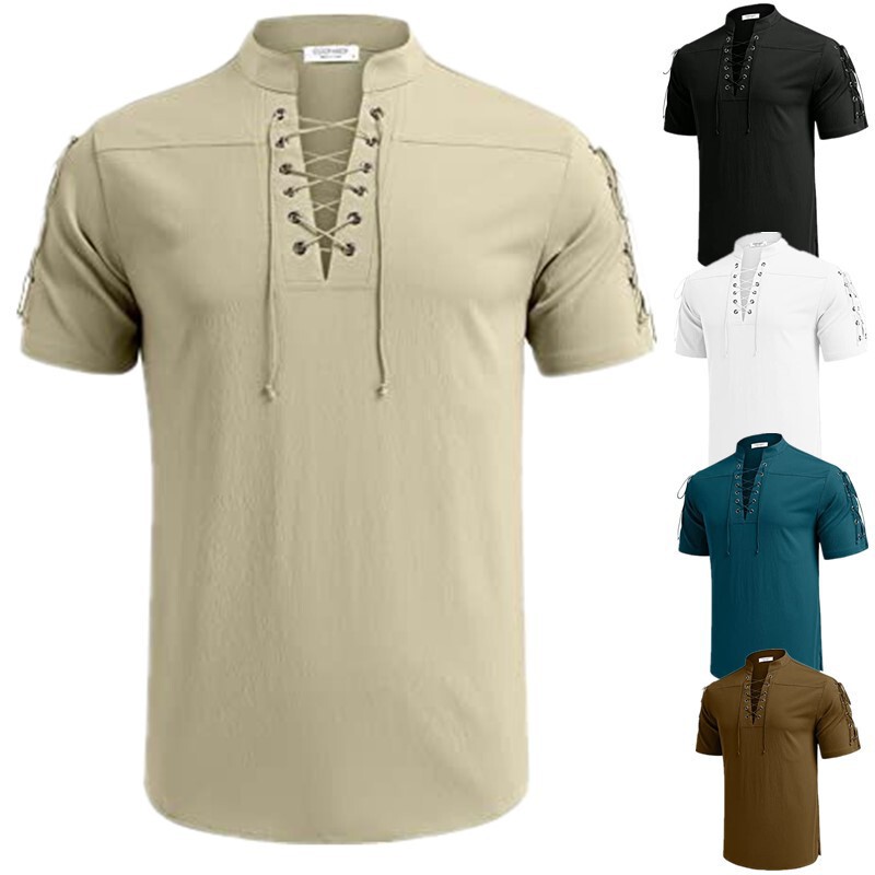 2023 Amazon Independent Men's Beach Shirt Short Sleeve Lace-Up Hippy T-Shirt V-Neck Pirate Shirt