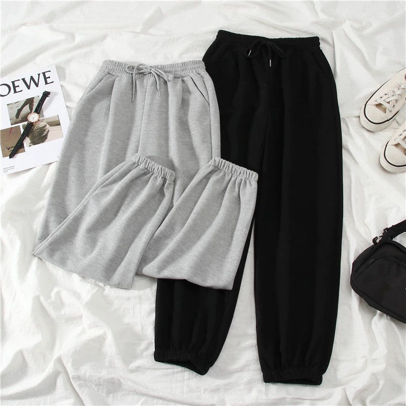 Summer Trousers for Kids, Loose Straight Fit, Elastic Waist & Cuffed Ankles, Black/Gray