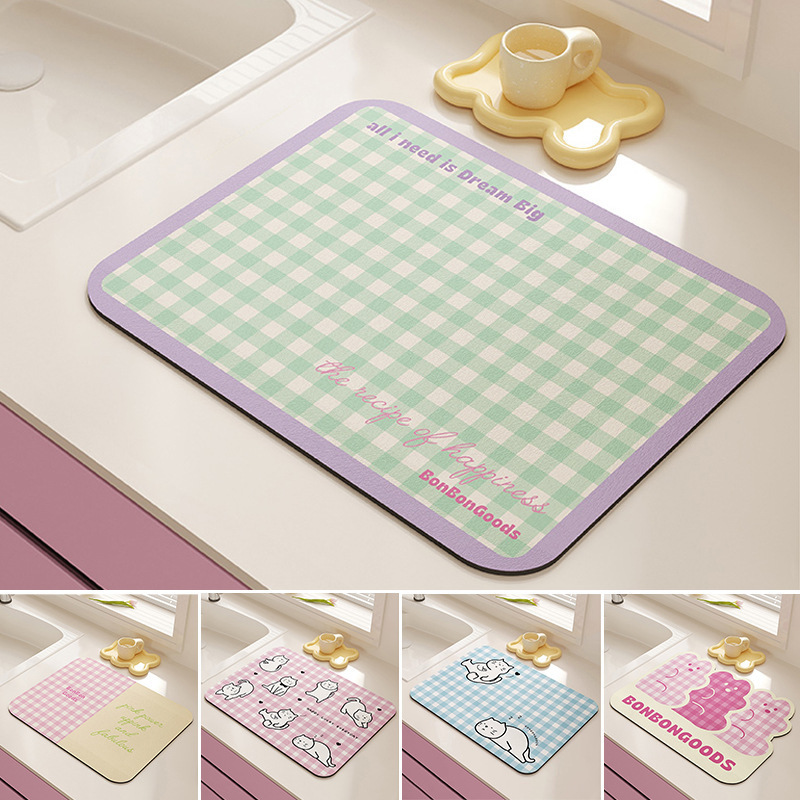 Color check kitchen countertop draining mat diatom mud quick-drying absorbent tableware non-slip heat insulation protection mat